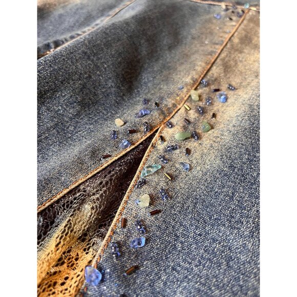 Vintage Y2K Denim Midi Skirt | Boho Lace Panel Pleated Flare | Size 29" - Picture 4 of 7